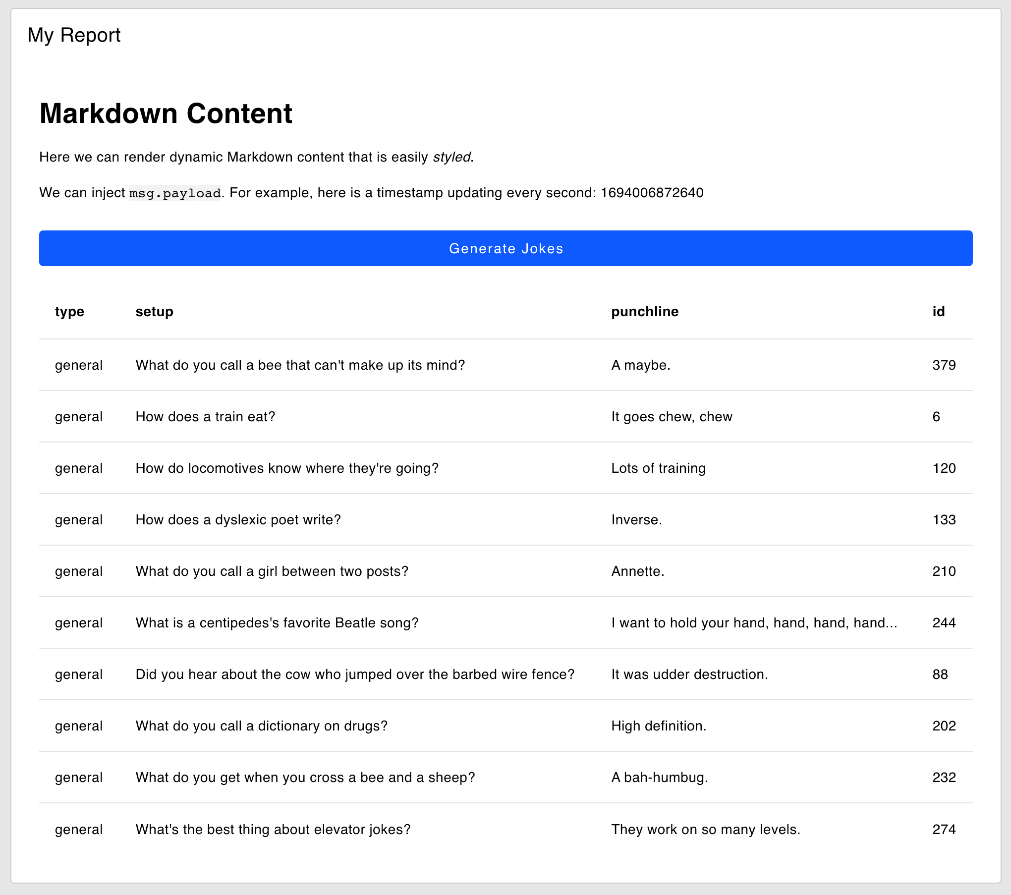 Screenshot to show how an inject node can drive content of a ui-markdown node