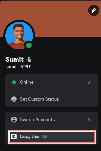 Screenshot showing 'copy user id' option "Screenshot showing 'copy user id' option"